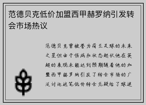 范德贝克低价加盟西甲赫罗纳引发转会市场热议 范德贝克低价加盟西甲赫罗纳引发转会市场热议