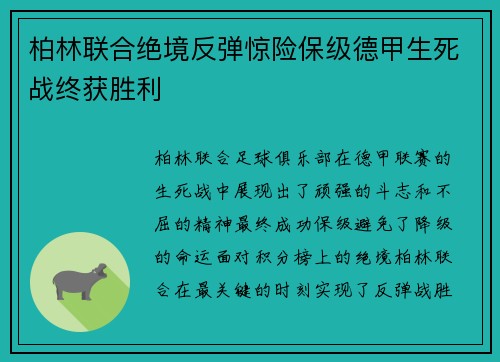柏林联合绝境反弹惊险保级德甲生死战终获胜利