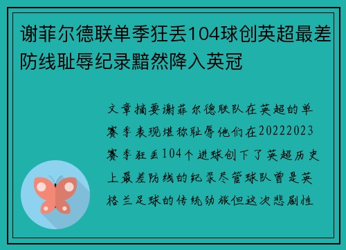 谢菲尔德联单季狂丢104球创英超最差防线耻辱纪录黯然降入英冠